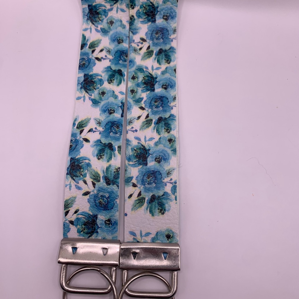Floral Blue and White Wristlet with Silver Keyring